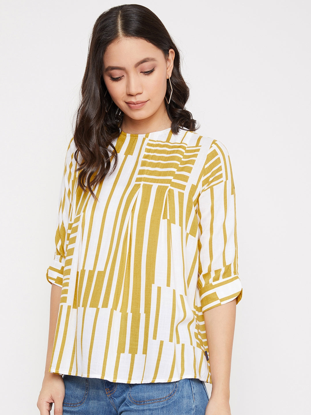 Yellow and White Colour blocked Top - Women Tops