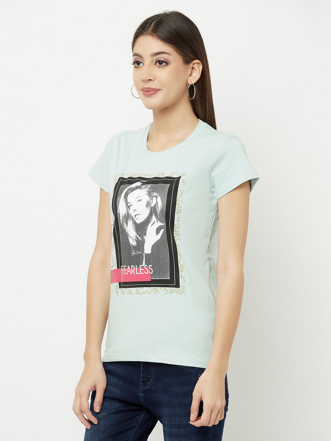 Mint Green Graphic Printed Round Neck T-Shirt - Women T-Shirts