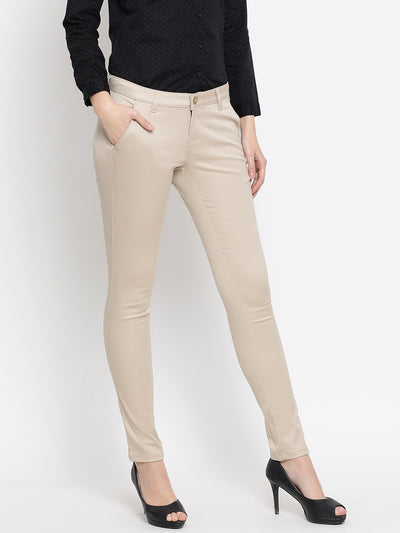 Beige Denim Slim fit Trousers - Women Trousers