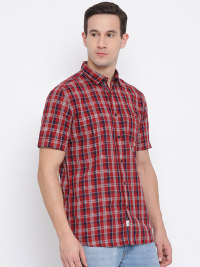 Red Checked Spread Collar Slim Fit Shirt - Men Shirts