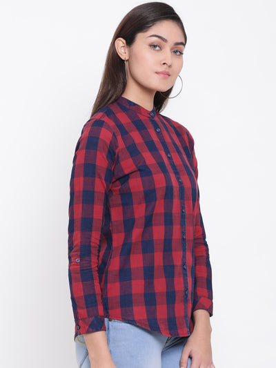 Red Checked Mandarin Collar Slim Fit Shirt - Women Shirts