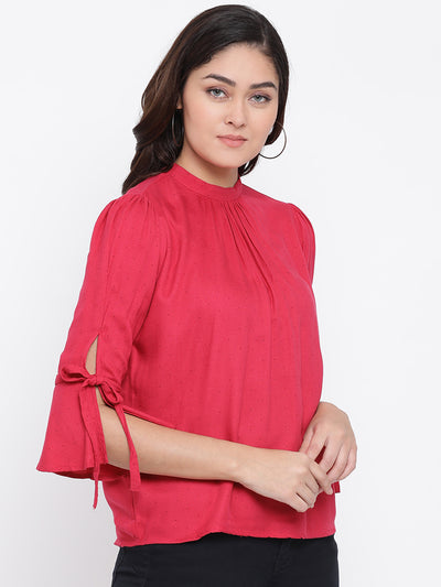 Red Printed Mandarin Collar Tops - Women Tops