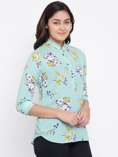 Green Printed Mandarin Collar Tops - Women Tops