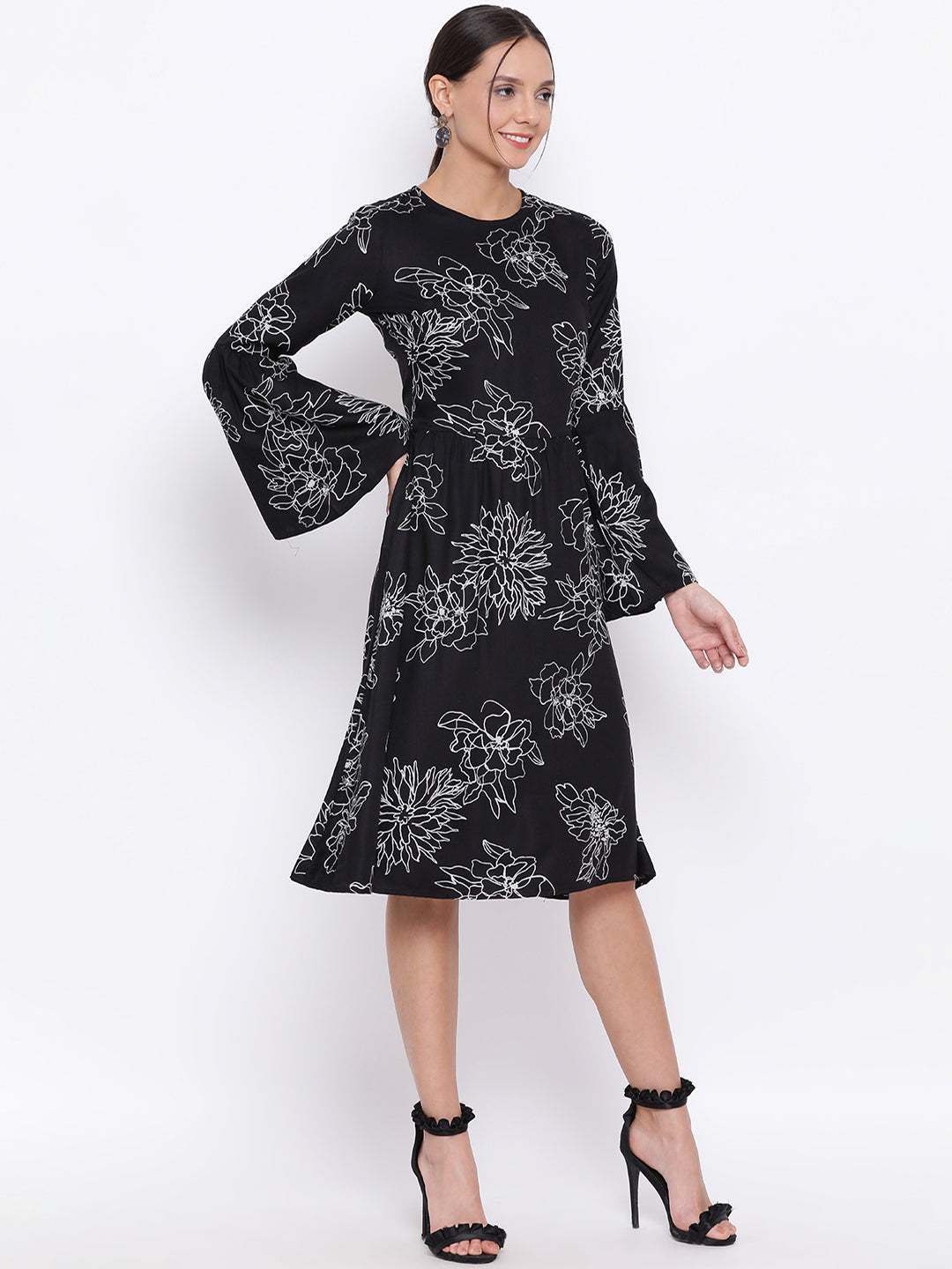 Black Floral Bell Sleeves Dress - Women Dresses