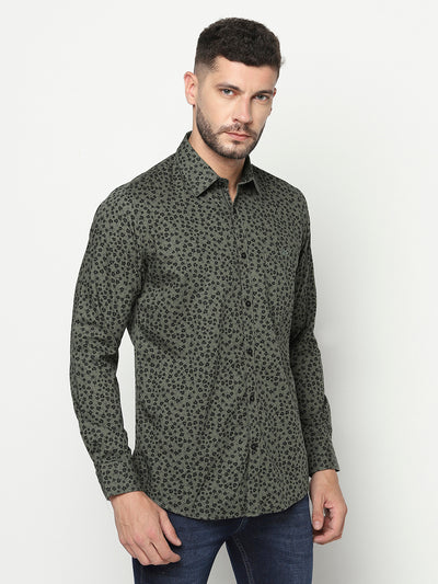 Olive Green Floral Shirt-Men Shirts-Crimsoune Club