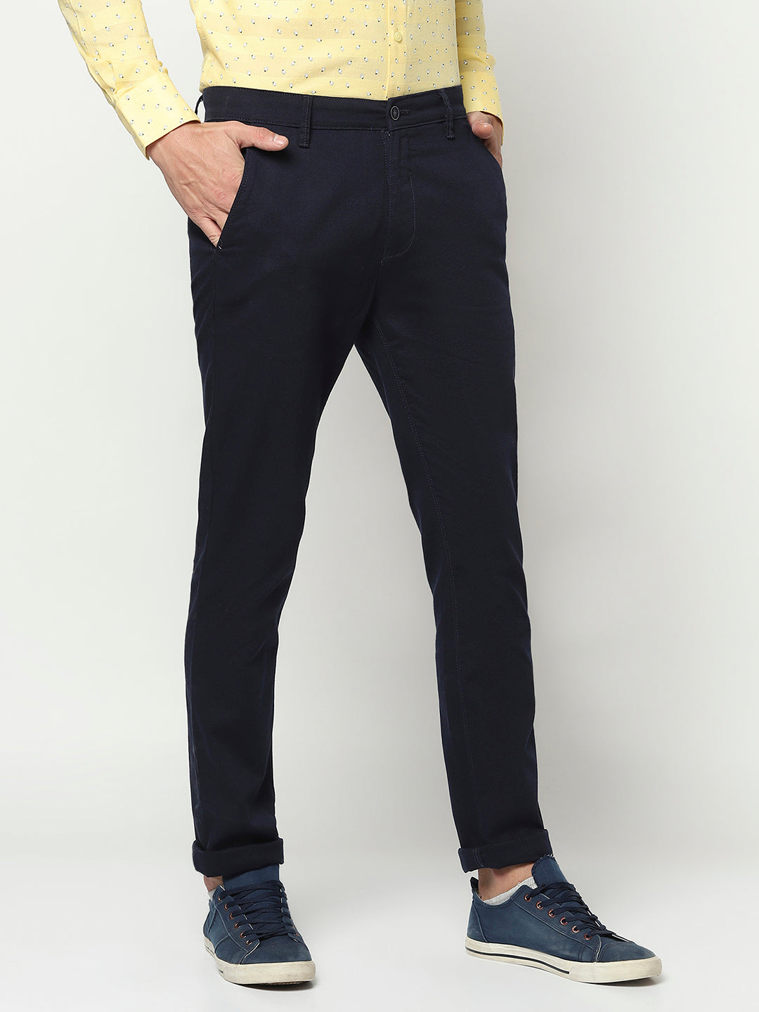 Navy Blue Cuffed Ankle Trousers-Men Trousers-Crimsoune Club