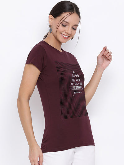 Maroon Printed Slogan T-shirt - Women T-Shirts