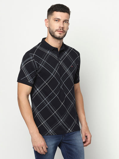 Navy Blue Diagonal Check Polo T-Shirt-Men T-Shirts-Crimsoune Club