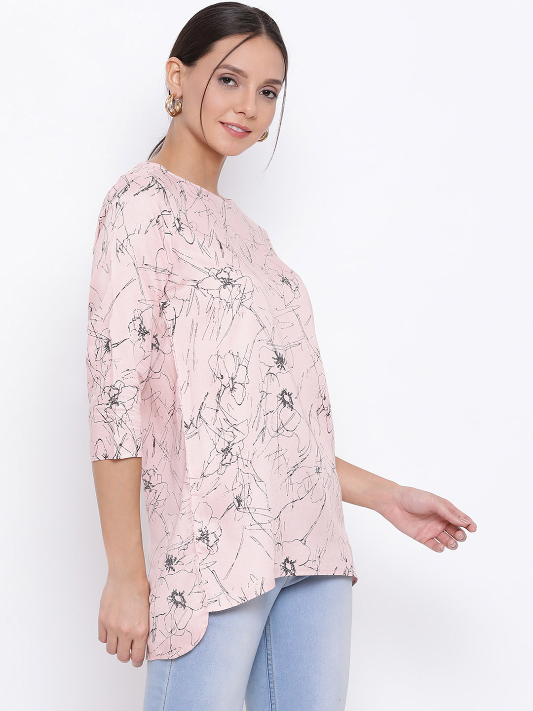 Pink Printed Asymmetrical Hem Top - Women Tops