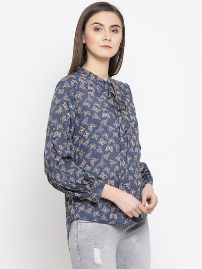 Blue Printed Tie-Up Neck Tops - Women Tops