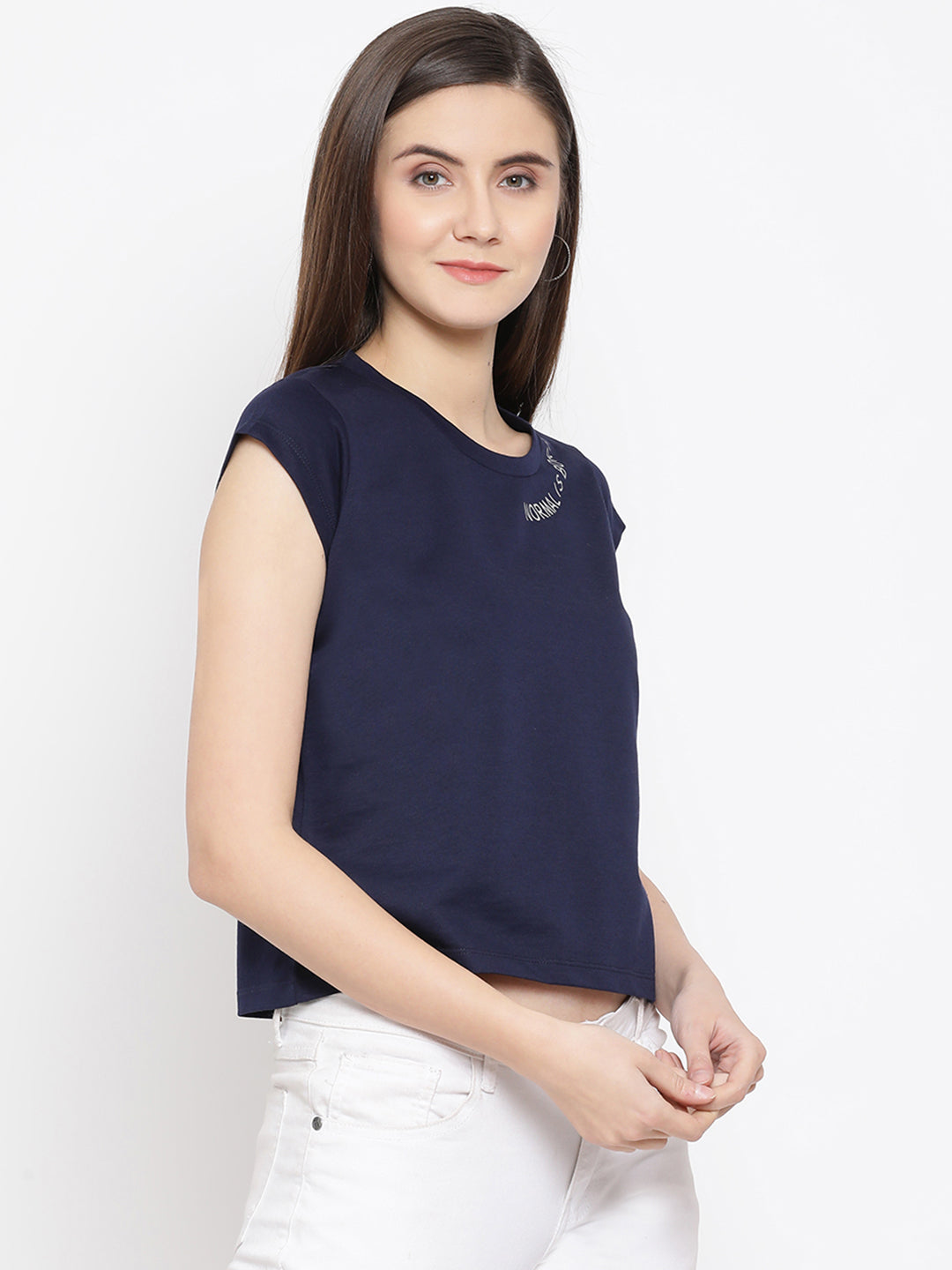 Navy Blue Printed Round Neck T-Shirt - Women T-Shirts