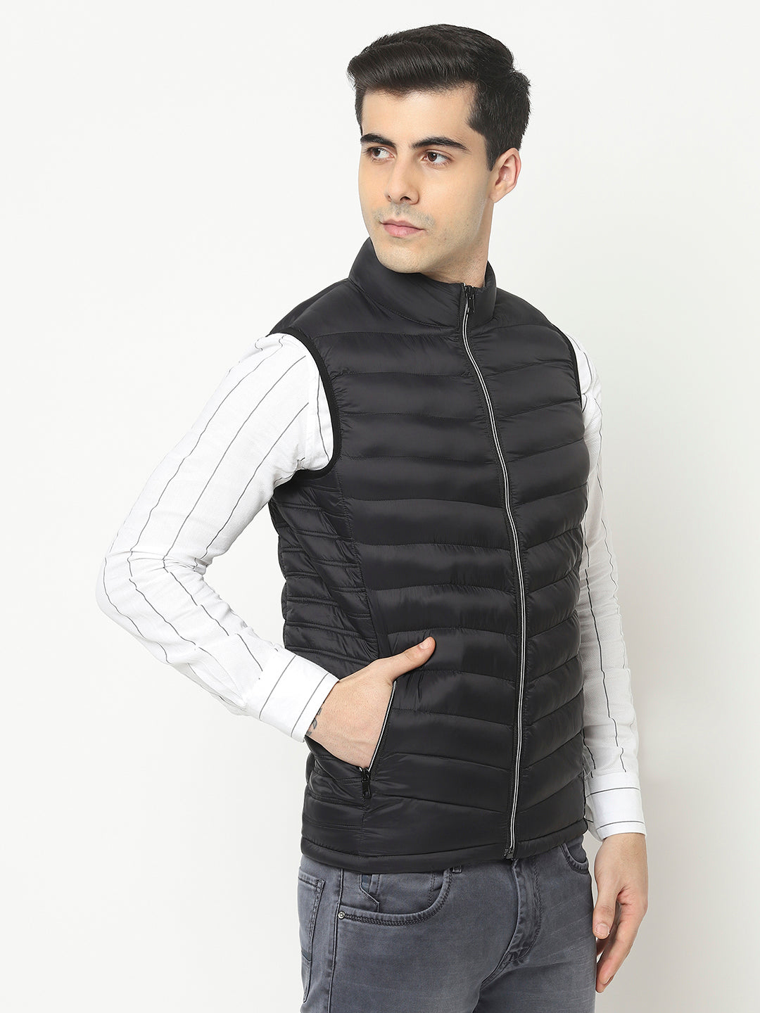  Black Padded Jacket in Sleeveless Cut 