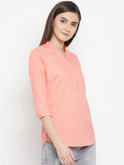 Orange Printed Mandarin Collar Tops - Women Tops