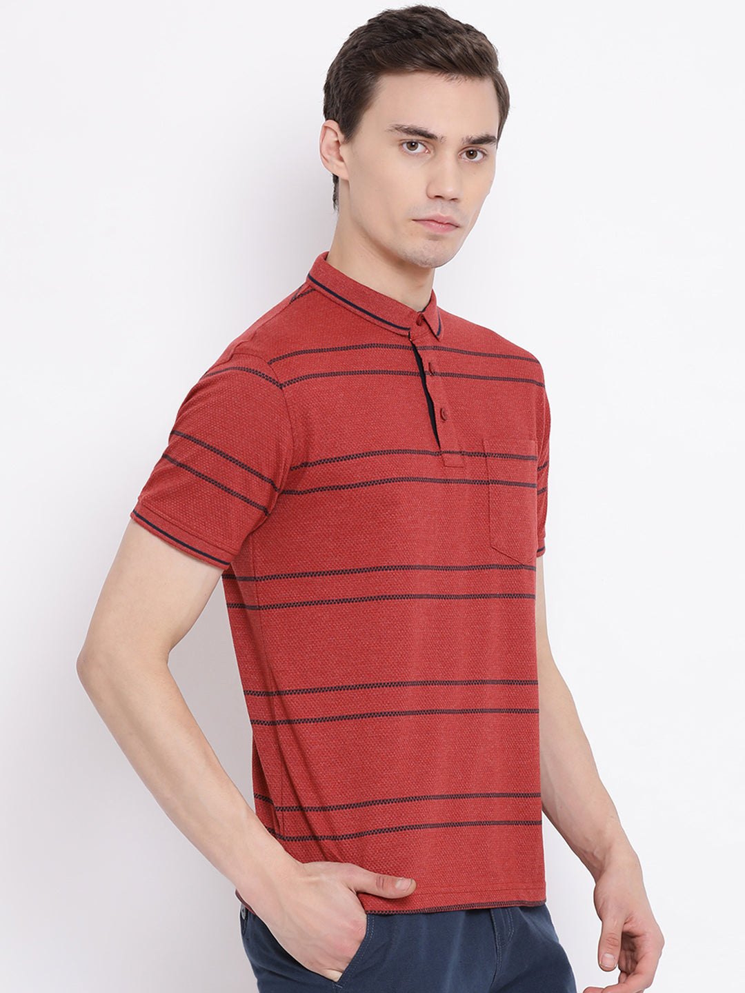 Red Striped Polo Neck T-Shirt - Men T-Shirts