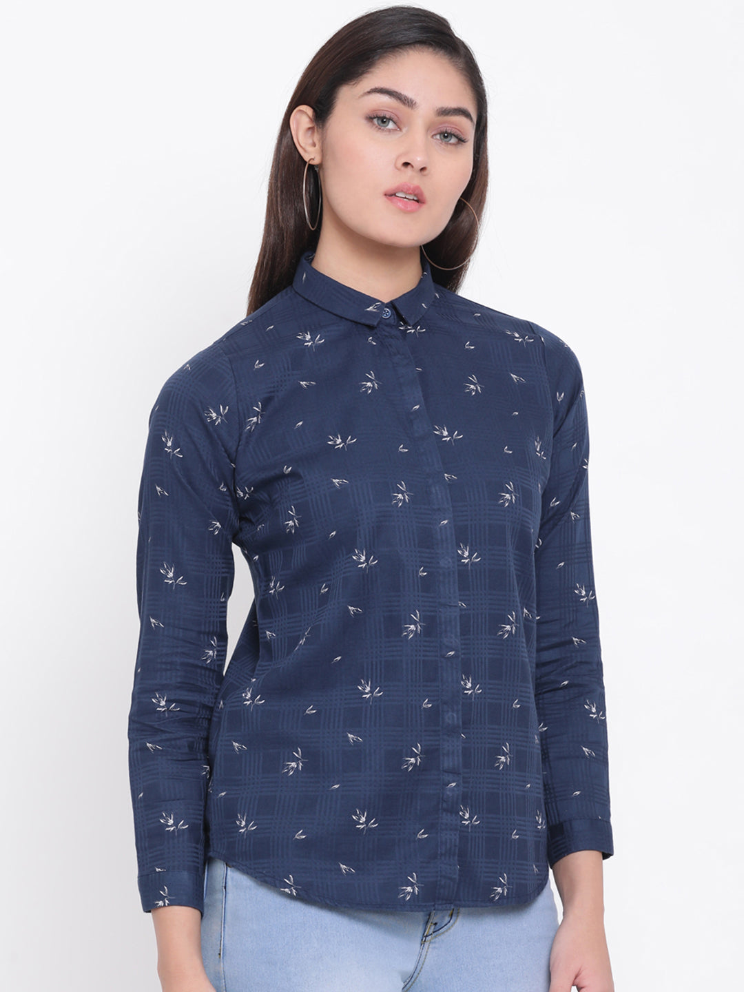 Navy Blue Printed Round Neck Slim Fit Shirt - Women Shirts