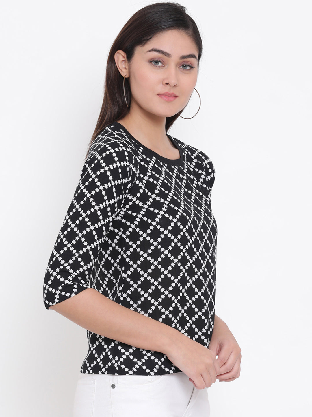 Black Printed Round Neck Top - Women Tops