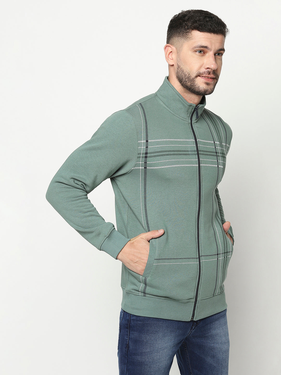 Green Lined Zipper Sweatshirt-Men Sweatshirts-Crimsoune Club