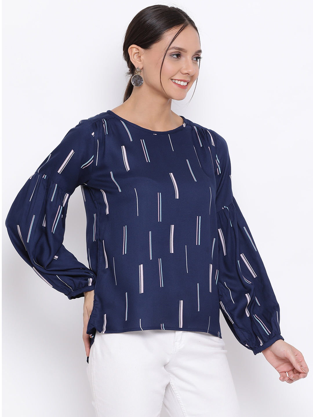 Blue Printed Full Sleeves Top - Women Tops