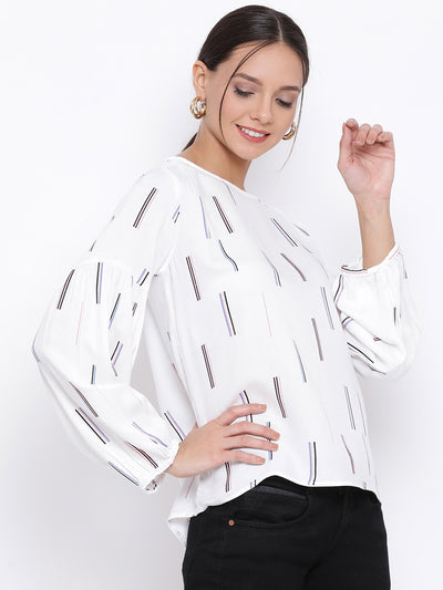 White Printed Round Neck Tops - Women Tops
