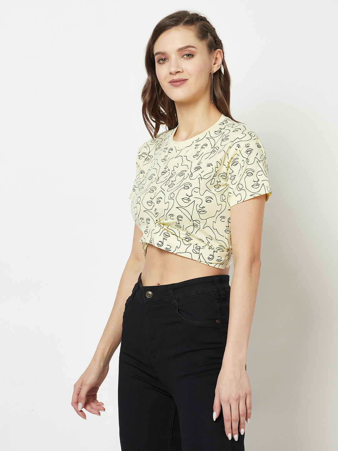 Yellow Cropped One-Line Art Top-Women Tops-Crimsoune Club