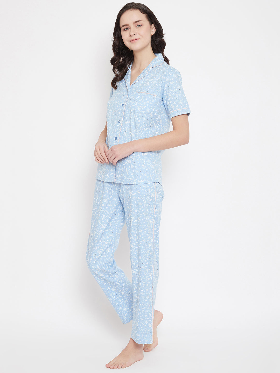 Blue Printed Slim Fit Night Suits - Women Night Suits