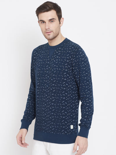 Navy Blue Printed Round Neck Sweatshirt - Men Sweatshirts