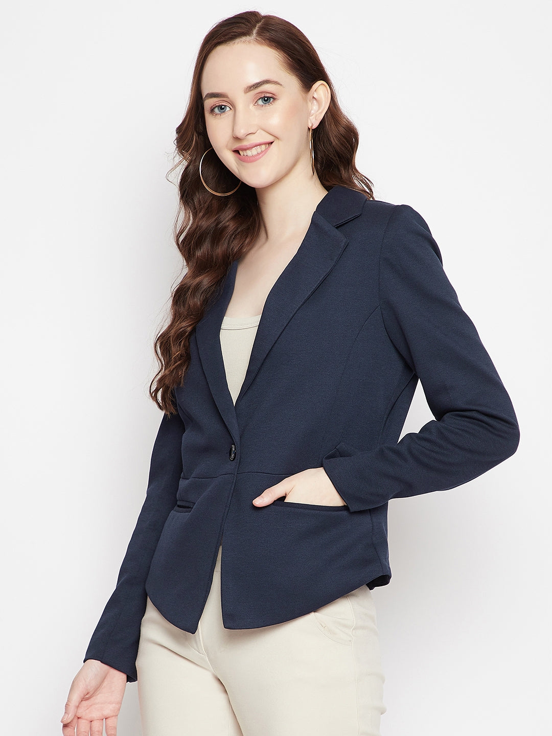 Navy Blue Notched Lapel Blazer - Women Blazer