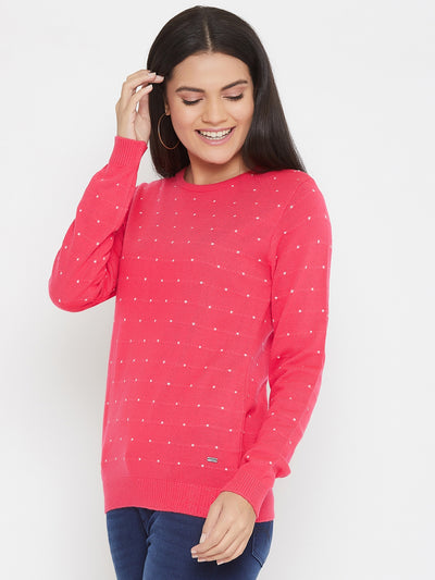 Pink Printed Round Neck Sweater - Women Sweaters