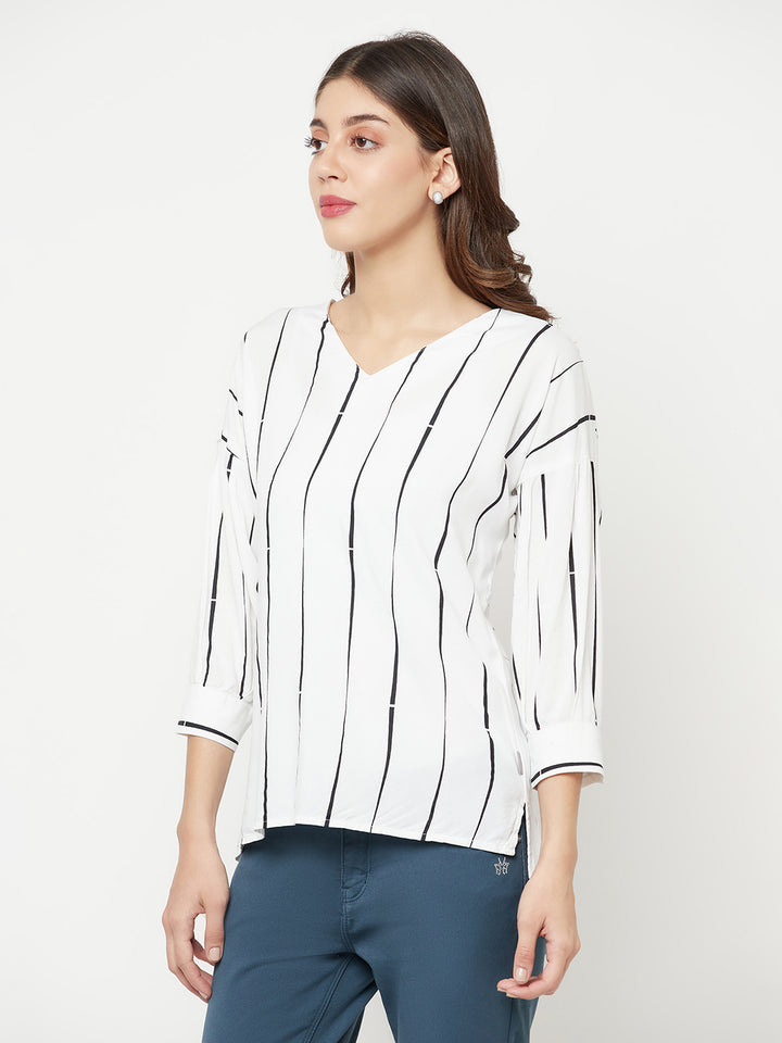 White Striped V-Neck Top - Women Tops