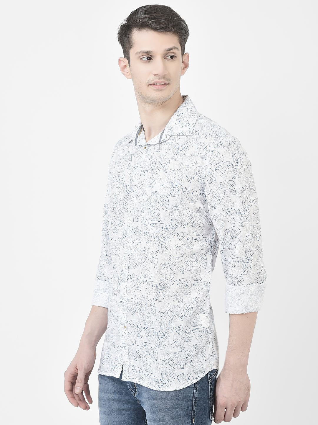  White Leaf-Print Shirt
