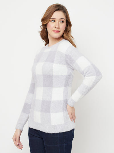 White Checked Round Neck Sweater - Women Sweaters
