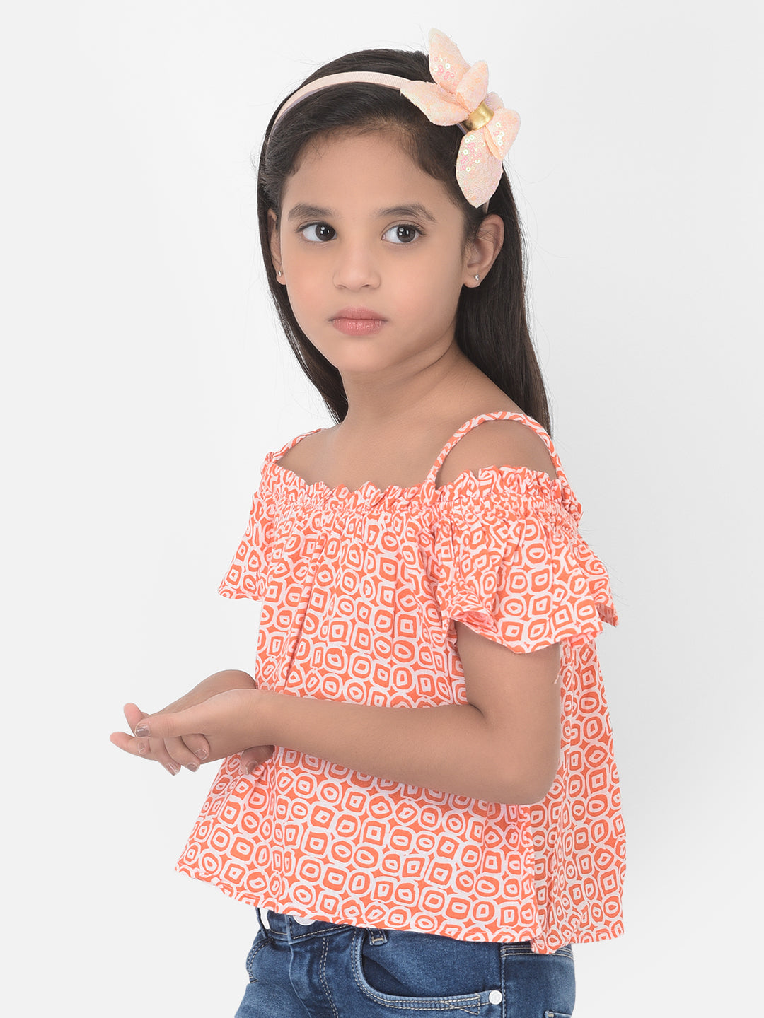 Orange Printed Cold Shoulder Crop Top - Girls Tops