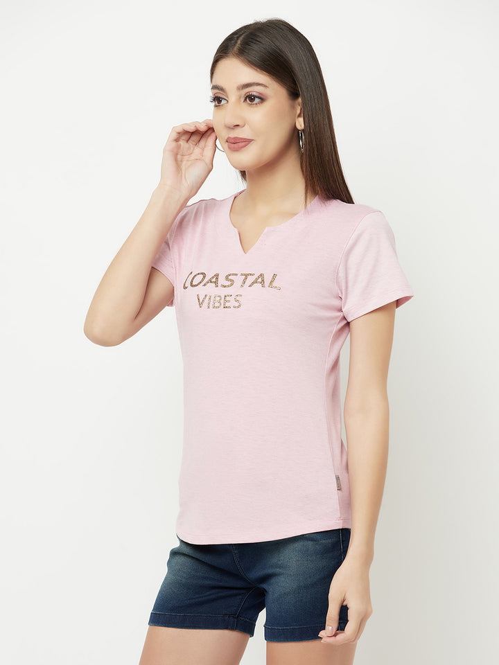 Pink Printed Round Neck T-Shirt - Women T-Shirts