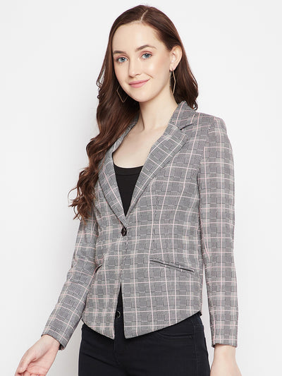 Grey Checked Notched Lapel Blazer - Women Blazer