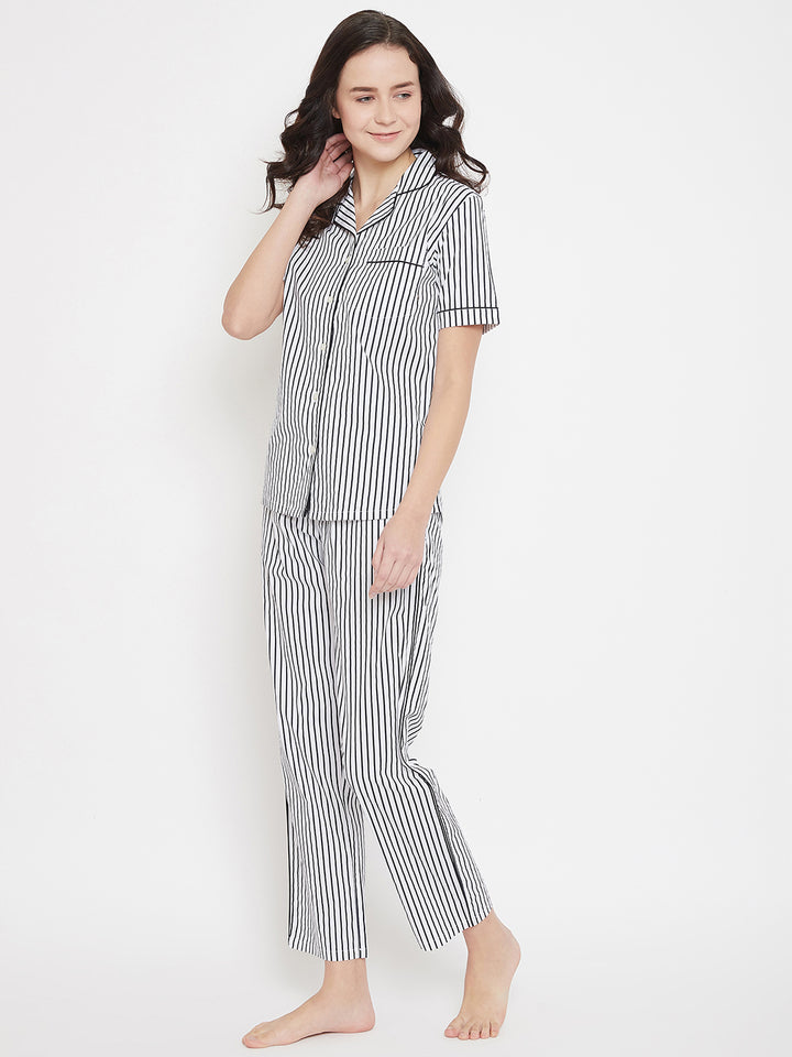 White Striped Slim Fit Night Suits - Women Night Suits