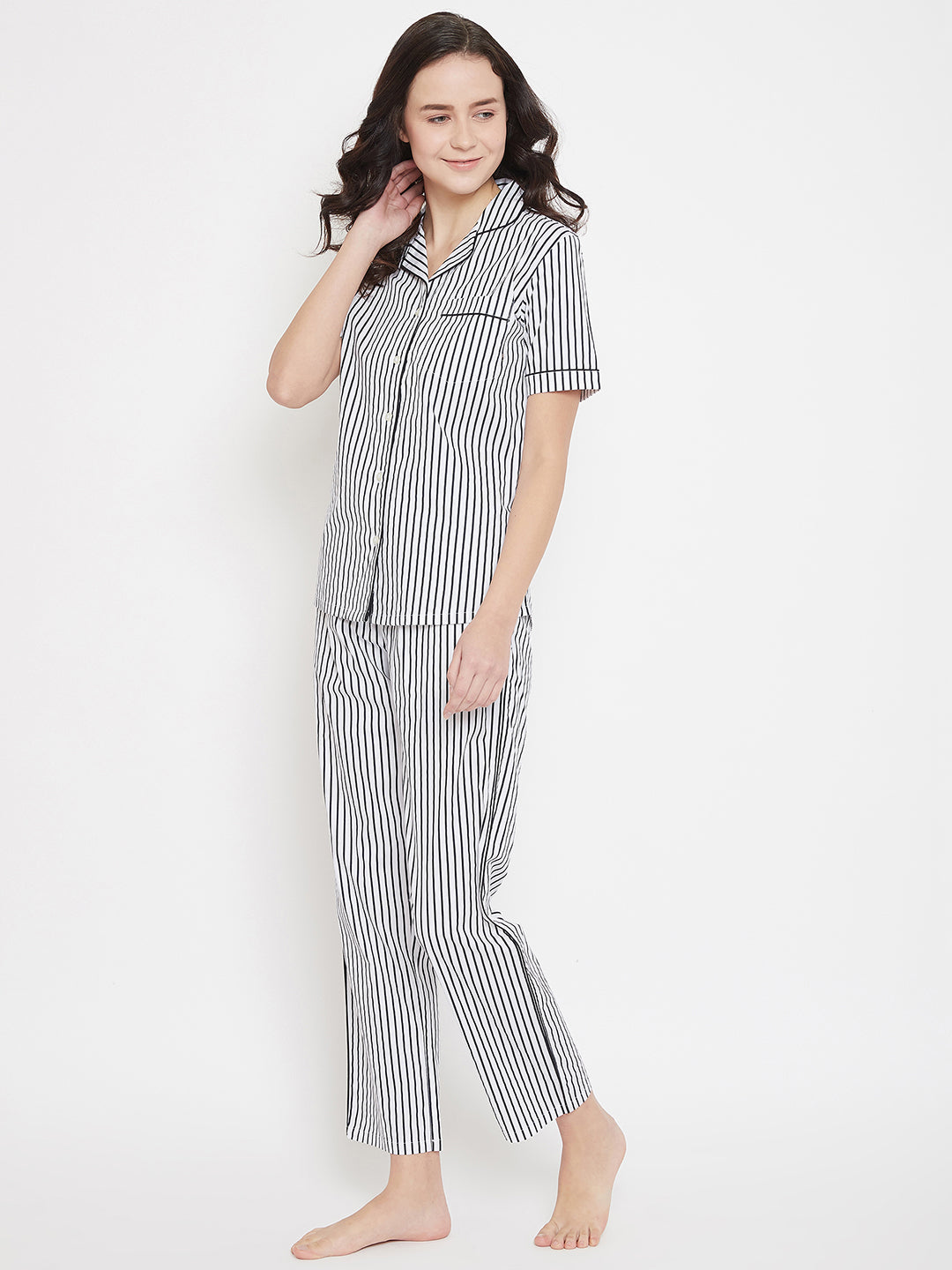 White Striped Slim Fit Night Suits - Women Night Suits