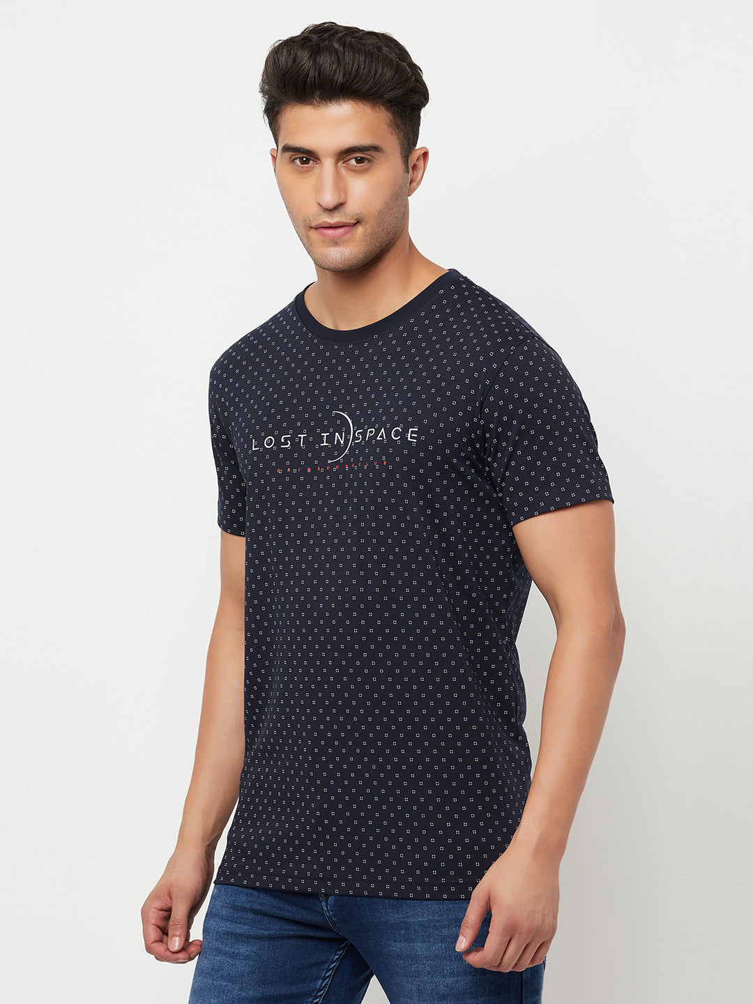 Navy Blue Printed Round Neck T-Shirt - Men T-Shirts