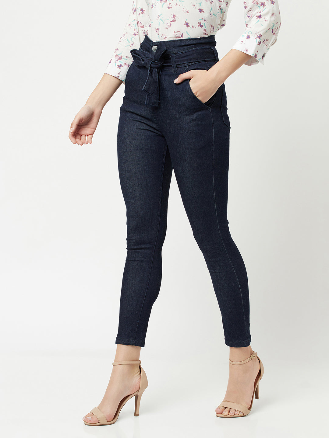 Navy Blue High waist Jeans With Belt-Women Jeans-Crimsoune Club