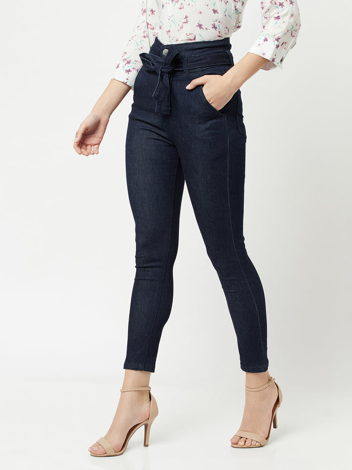 Navy Blue High waist Jeans With Belt-Women Jeans-Crimsoune Club