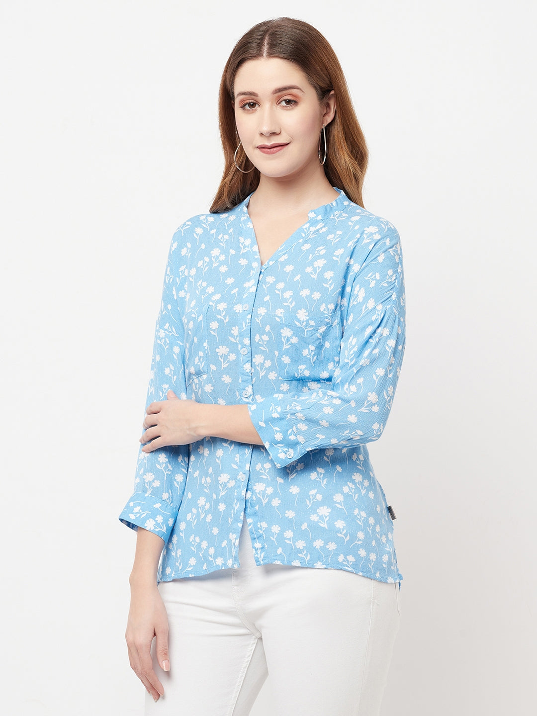 Blue Floral Printed V-Neck Shirt - Women Shirts