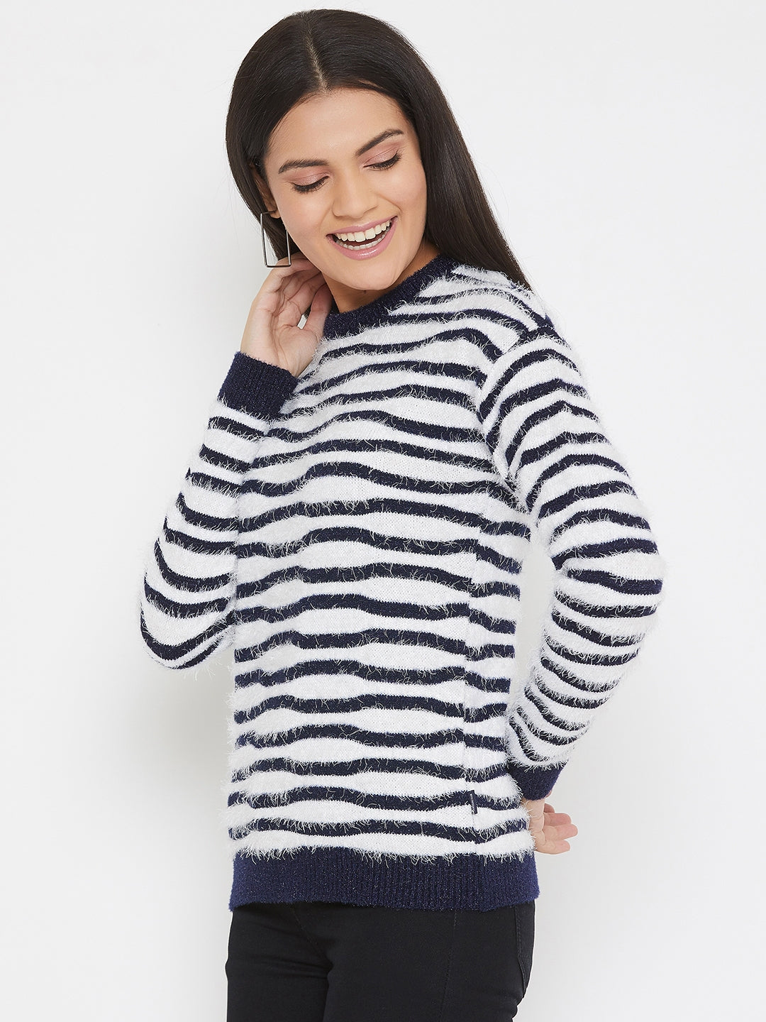 White Striped Round Neck Sweater - Women Sweaters