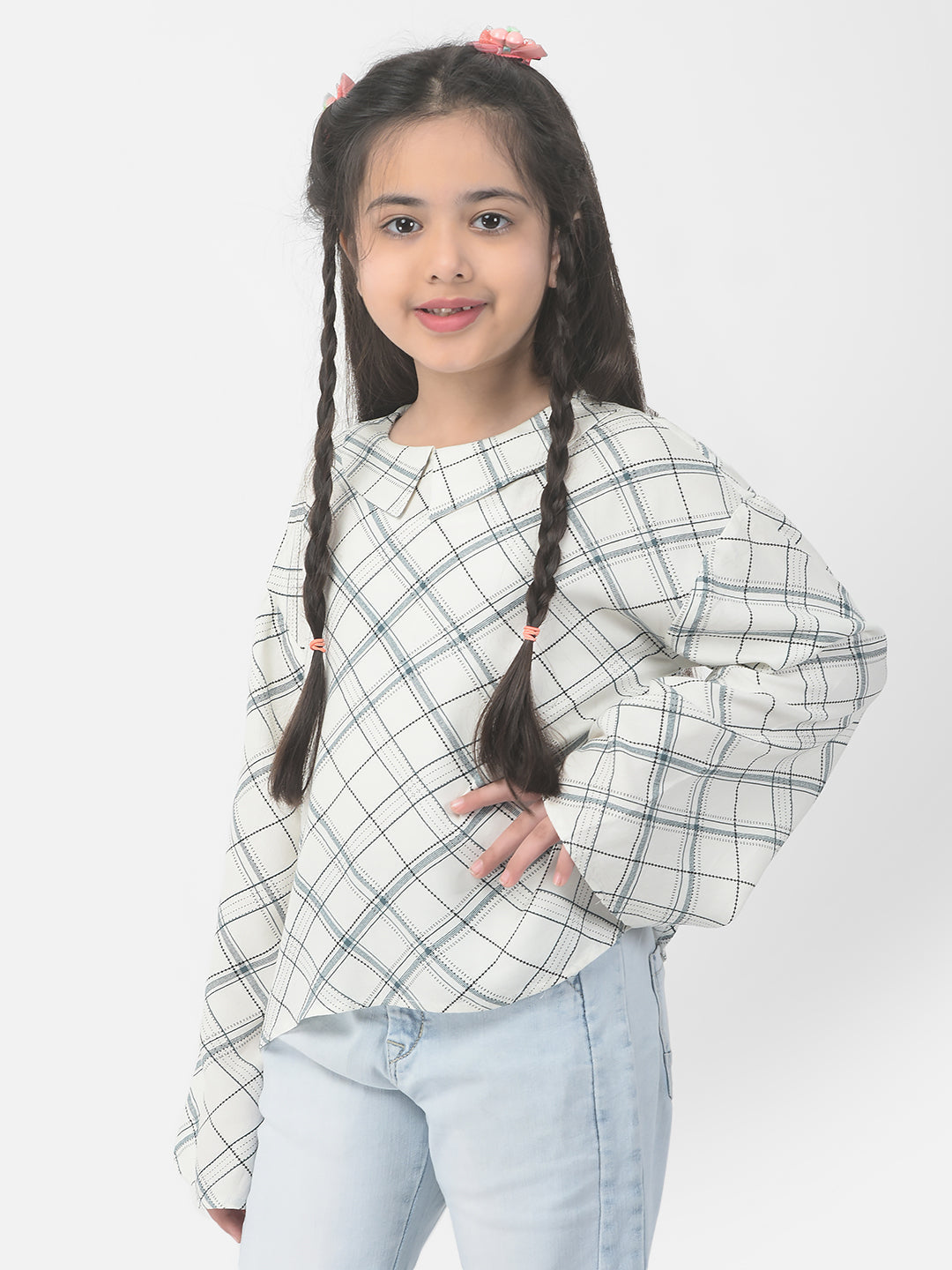  White Bell-Sleeved Checked Top 