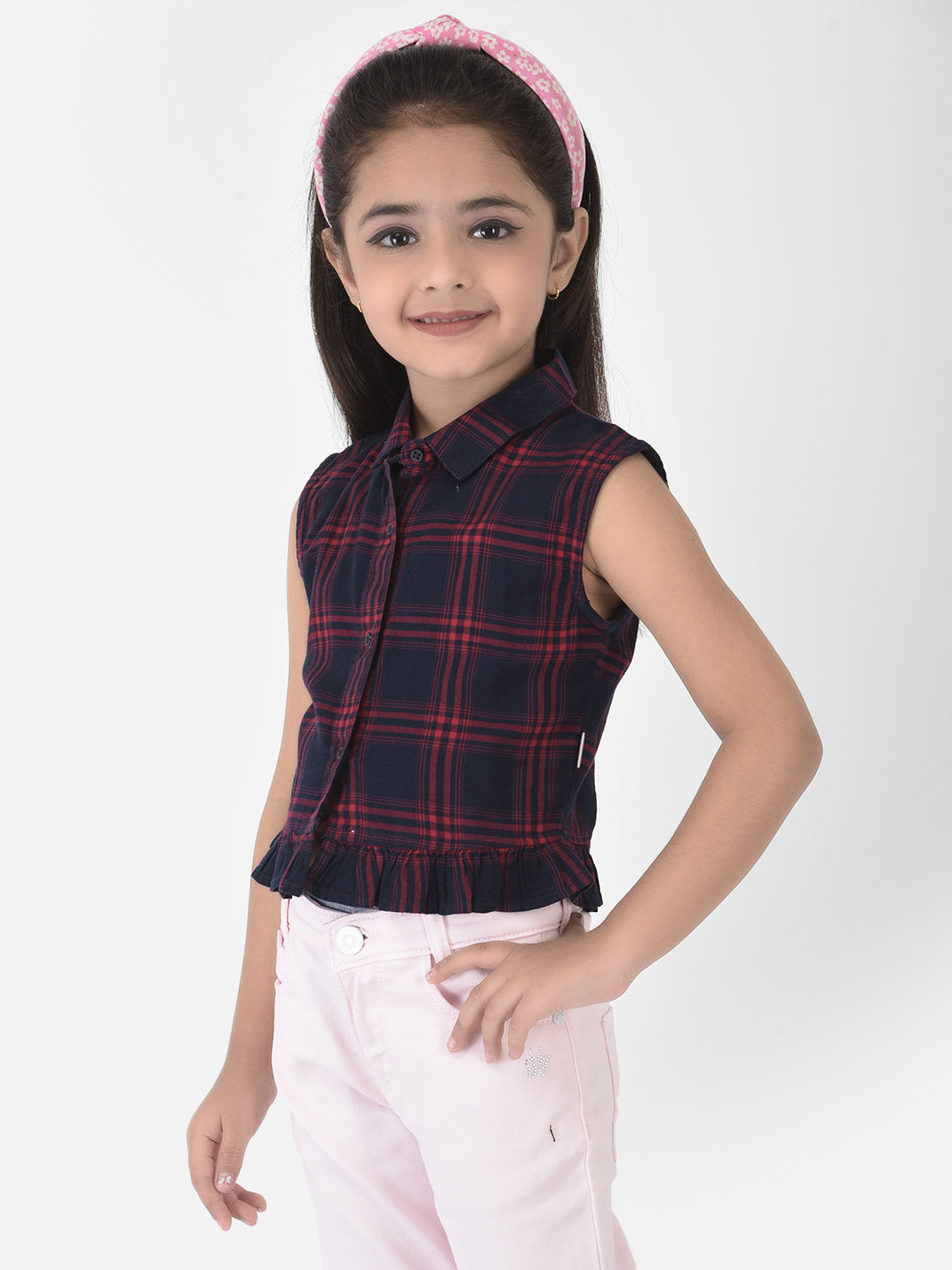Navy Blue Tartan Checked Crop Shirt - Girls Shirts