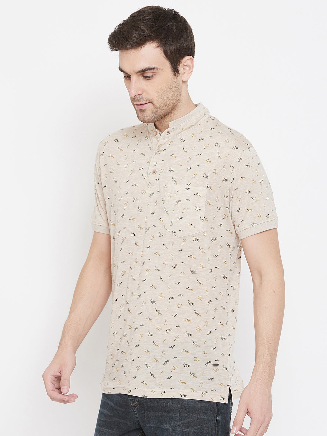 Beige Printed Mandarin Neck T-Shirt - Men T-Shirts