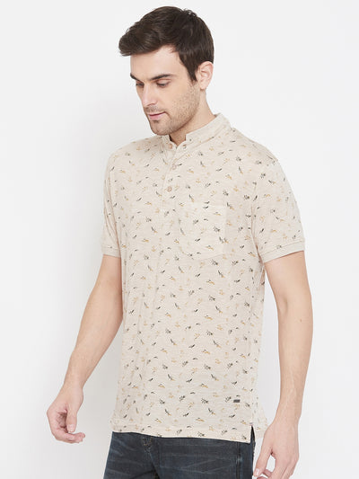Beige Printed Mandarin Neck T-Shirt - Men T-Shirts