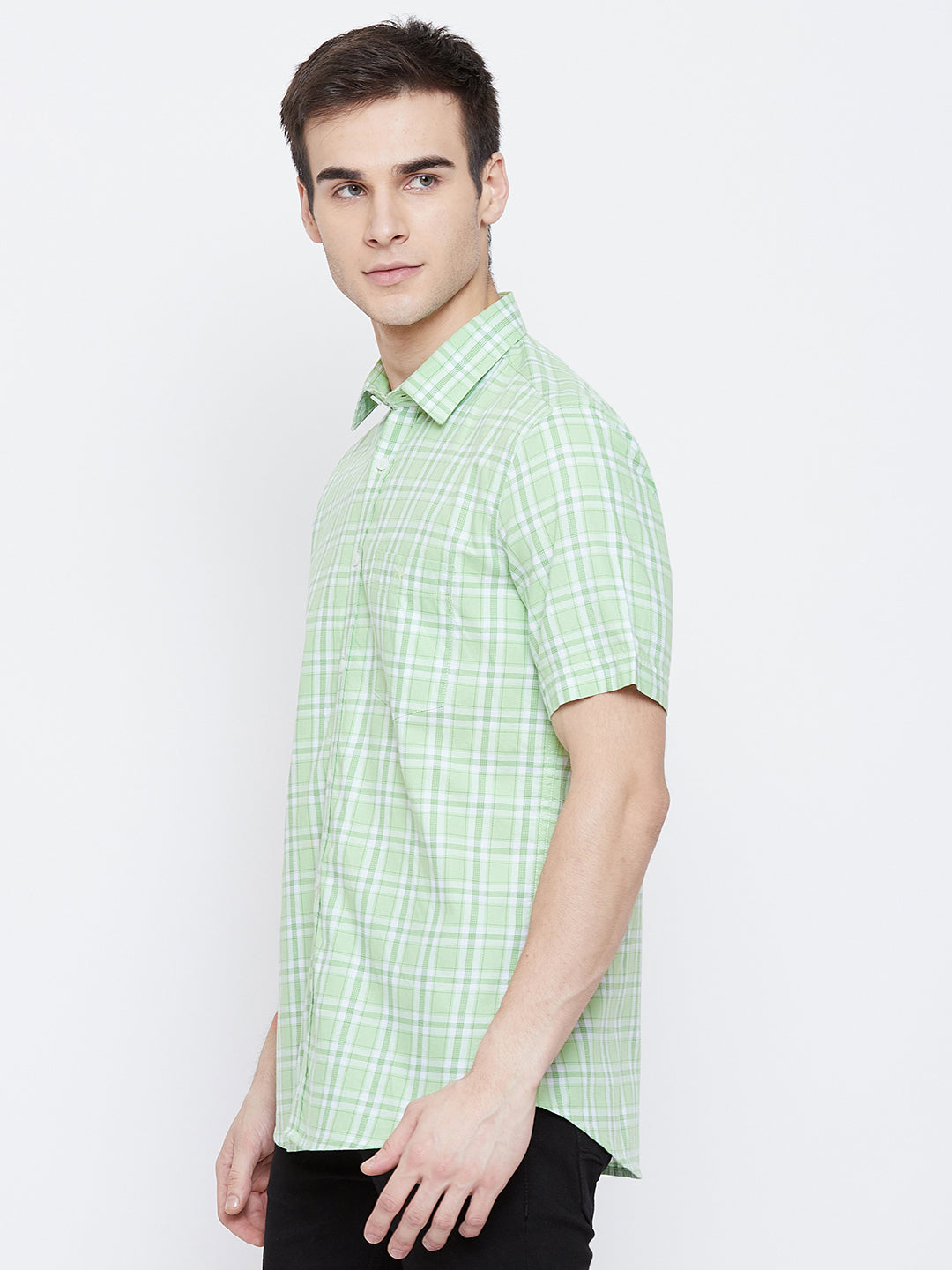Mint Green Checked Spread Collar Slim Fit Shirt - Men Shirts