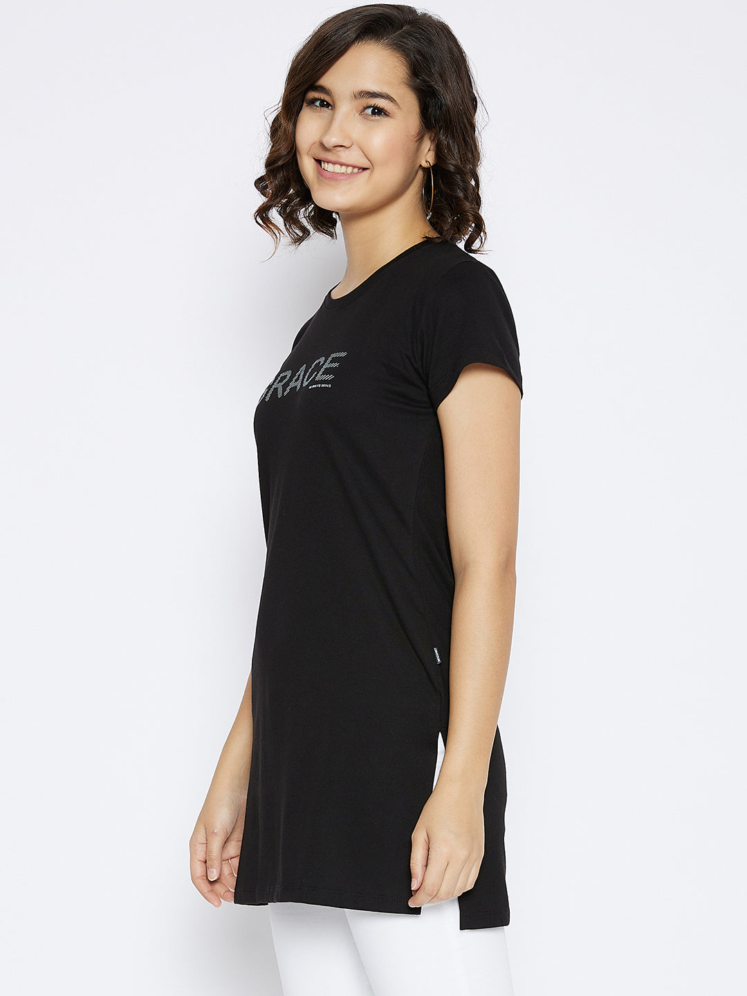 Black Printed Round Neck T-shirt - Women T-Shirts