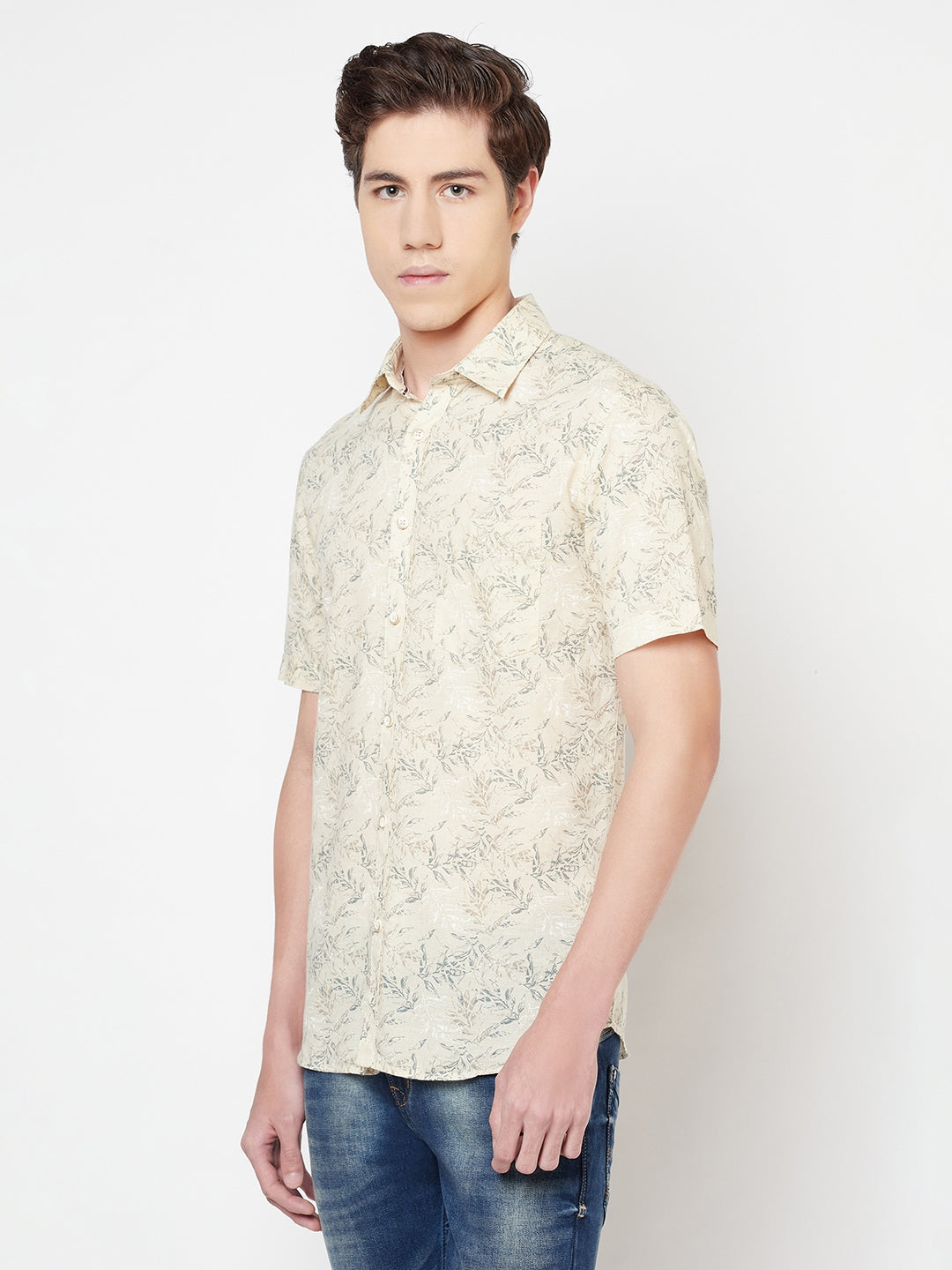 Beige Floral Linen Shirt - Men Shirts