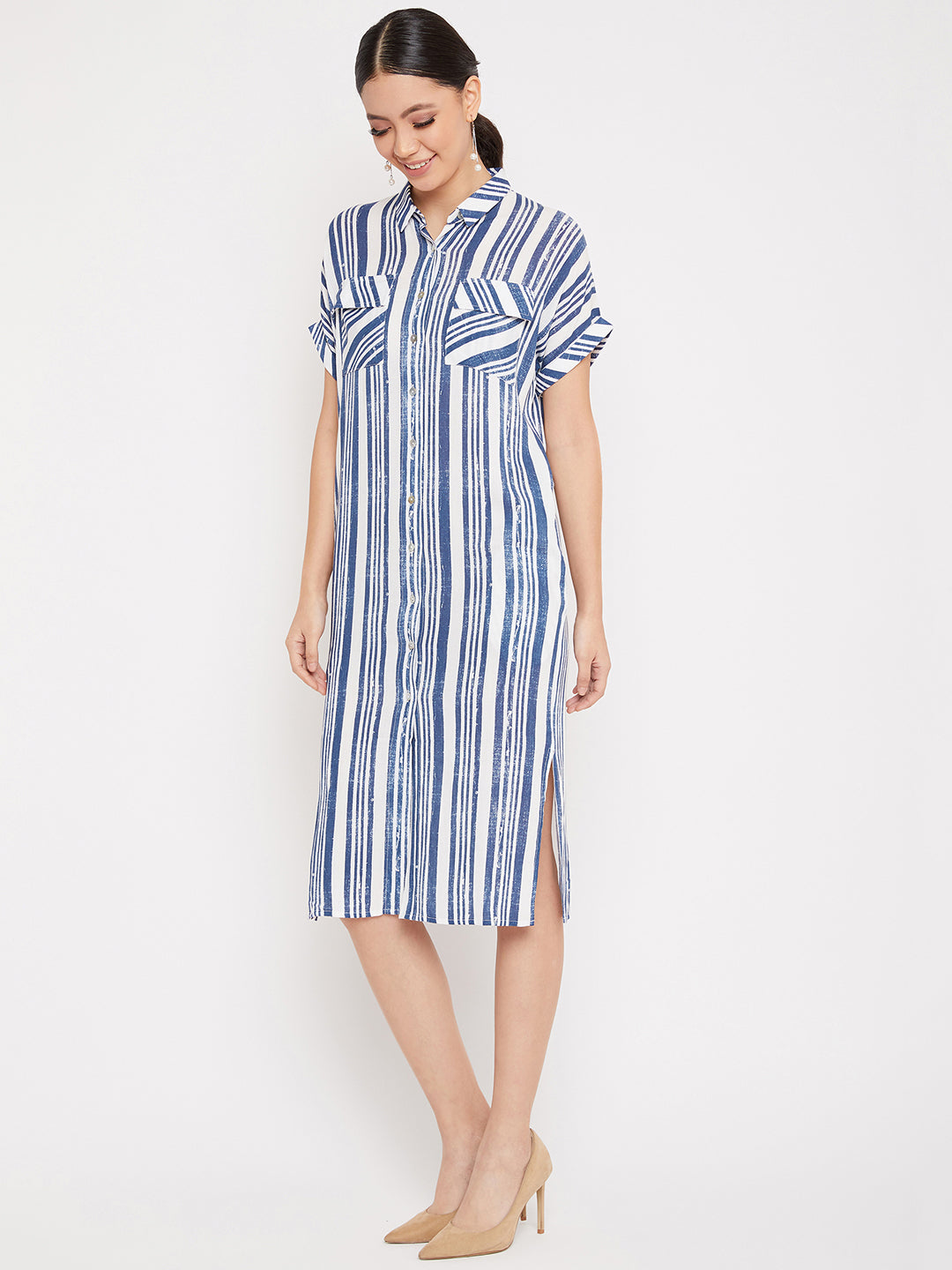 Blue and White Shirt Dress - Women Dresses