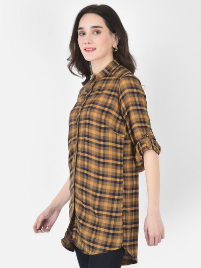 Mustard Yellow Longline Checked Shirt - Women Shirts